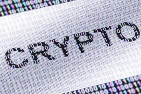 Crypto icon in the screen with binary code ( array of bits )