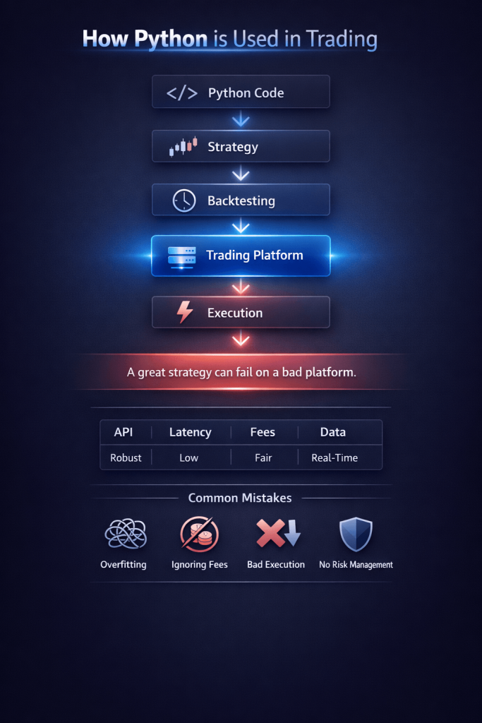 Python trading workflow infographic showing strategy development, backtesting, trading platform comparison and execution process